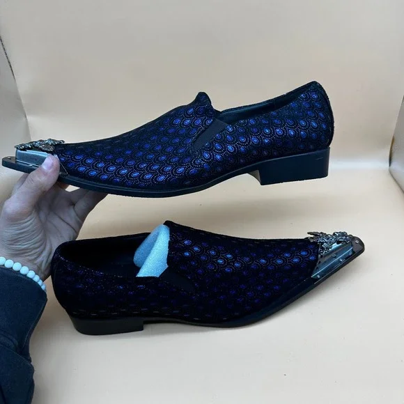 Santimon Men's US 9.5 Black/Blue Leather Metal Tip Western Loafers Dress Shoes